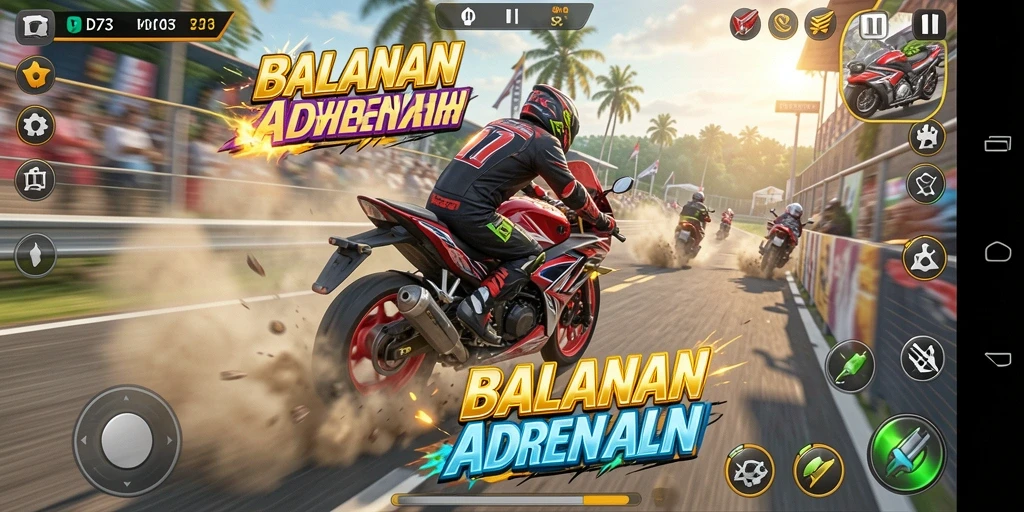 Screenshot D73 menampilkan aksi balapan motor yang intens.