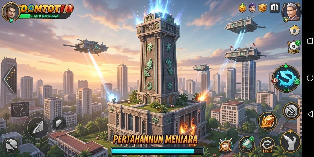 Tampilan gameplay DOMTOTO dengan strategi Tower Defense yang intens.