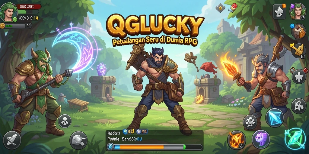 Tampilan utama gameplay QGLUCKY yang menampilkan karakter dan pertempuran epik.
